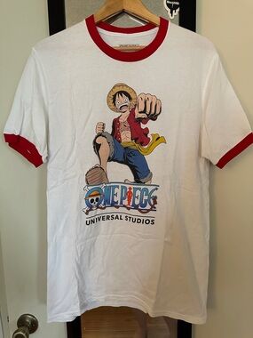 Universal Studios One Piece White Ringer Tee with Red Trim featuring Luffy